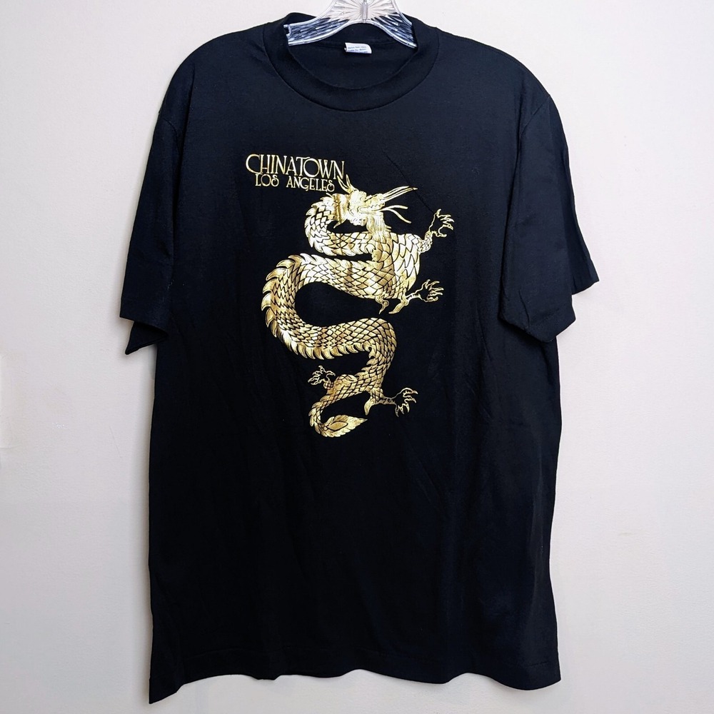 VTG 80s Chinatown Los Angeles Gold Foil Dragon Single Stitch Shirt Medium/Large